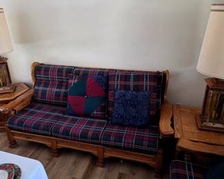 Nice Solid wood, Cushman Style Sofa, matching Settee & Platform Rocker, 2 end tables & Lamps