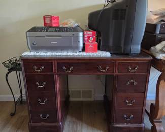 Vintage mahogany Desk, Cannon Printer & TV