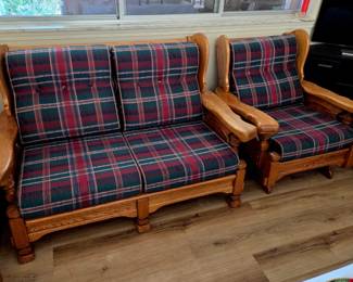 Nice Solid wood, Cushman Style Sofa, matching Settee & Platform Rocker, 2 end tables & Lamps