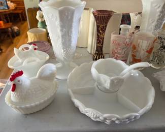 Vintage Chicken on nest Milk glass & Westmoreland Grape pattern