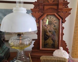 Antique Clock & Oil lamp