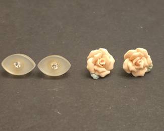 Assorted Stud Earrings Frosted Oval with Crystal and Pink Porcelain Rose with Leaf