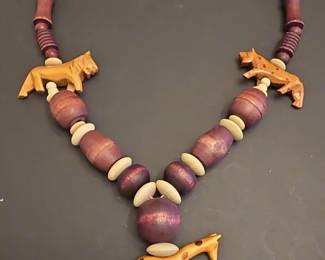 African Safari Animal Carved Wood Necklace with Purple Beads