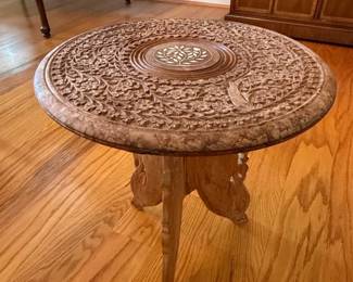 AngloIndian Carved Wood Side Table with Mother of Pearl Inlay