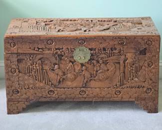 Vintage Chinese Hand Carved Camphor Wood Chest with sliding tray