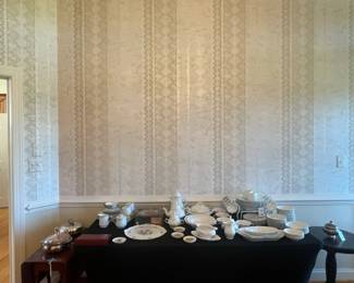 Large Collection of Fine White Porcelain Dinnerware and SilverPlated Serving Pieces