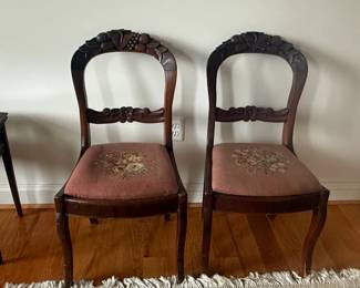Victorian Balloon Back Side Chair with Needlepoint Seat and Fruit or Floral Carvings