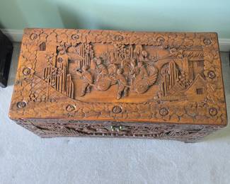 Vintage Chinese Hand Carved Camphor Wood Chest with sliding tray