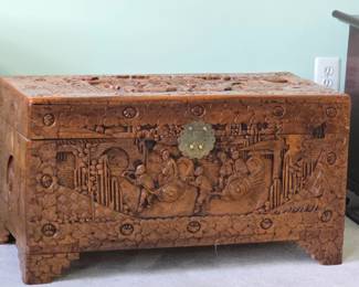 Vintage Chinese Hand Carved Camphor Wood Chest with sliding tray