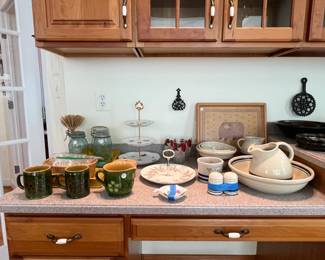 Vintage Stoneware Pitcher and Bowl Set with Green Mugs and Floral Tiered Stand