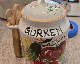 Vintage GURKEN Ceramic Pickle Jar with Tongs