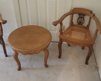 Vintage Lyre Back Cane Seat Arm Chair and Round Side Table Set