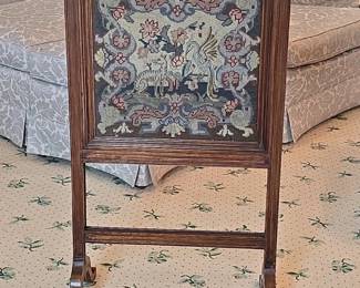 Victorian Needlepoint Fire Screen with Griffin and Wolf Motif