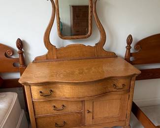 Antique Tiger Oak Serpentine Dresser with Mirror