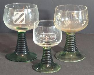 Set of Vintage German Wine Glasses with Green Ribbed Stems and Etched Designs