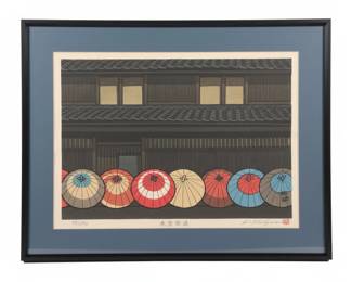 Katsuyuki Nishijima Street of Wooden Umbrellas Woodblock Print