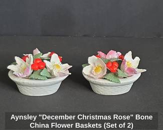 Aynsley December Christmas Rose Bone China Flower Baskets Set of 2
