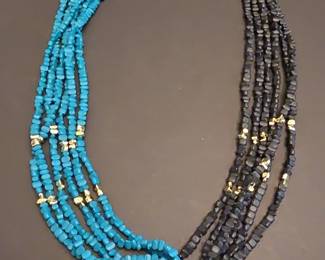 MultiStrand Turquoise and Black Spinel Necklace with Gold Accents