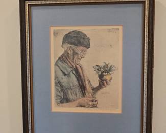 Portrait of an Elderly Person Holding Flowers, Etching by Paul Geissler