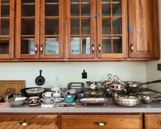 Assorted Estate Silverplate Serving Pieces and Decorative Pottery Collection