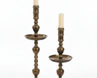 Vintage Moroccan Brass Candlesticks with Drip Pans Pair