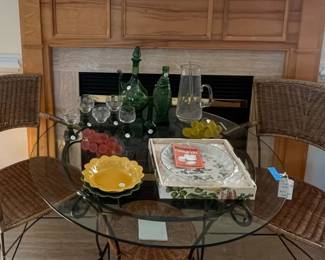 Wicker and Glass Bistro Set with Wedgwood Country Roses Pie Dish