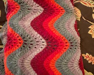 Vintage Hand-Knitted Chevron Afghan Blanket