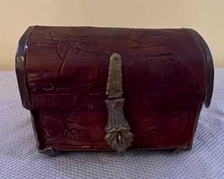 Vintage Tooled Leather Jewelry Chest with Ornate Clasp