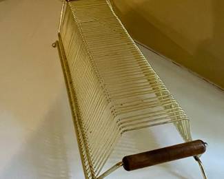 Mid-Century Modern Gold Wire Record Rack with Wood Handles