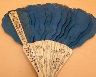 Antique Blue Feather Folding Fan with Pierced Bone Guards and Studs