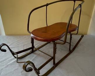 Vintage Doll Sleigh with Metal Frame and Wooden Seat