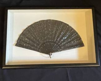 Antique Victorian Black Sequined Lace Mourning Fan