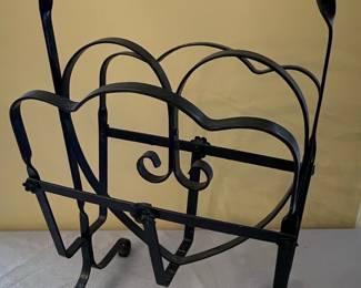 Vintage Wrought Iron Magazine Rack with Twisted Handle and Heart Scrollwork