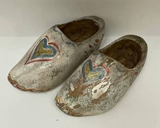 Vintage Hand-Painted Dutch Wooden Clogs with Folk Art Heart Motifs