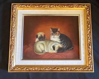 Oil Painting of Pugs and Cat by Horatio Henry Couldery