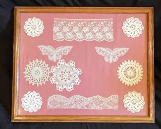 Framed Collection of Handmade Vintage Lace and Doilies