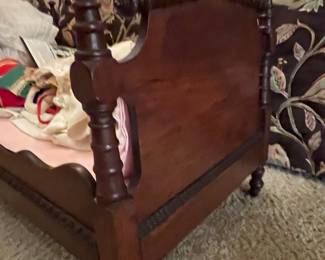 Antique Miniature Doll Bed with Bisque Head Dolls and Accessories