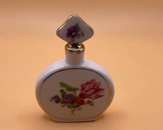 Vintage German Porcelain Floral Perfume Bottle with Geometric Stopper