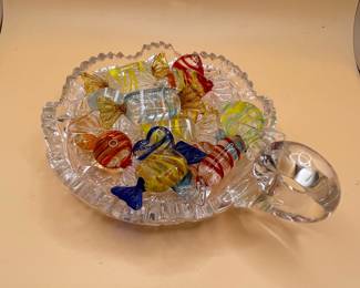 Vintage Glass Candy Dish with Murano Style Glass Candy Fillers