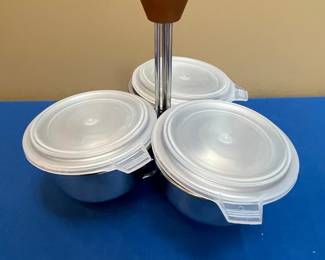 Mid-Century Modern Stainless Steel Condiment Server with Lids