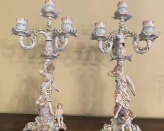 Pair of Von Schierholz Dresden Porcelain Figural Candelabra