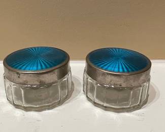 Pair of Sterling Silver and Blue Guilloché Enamel Vanity Jars