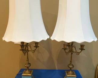 Pair of French Empire Style Candelabra Table Lamps with Enamel Plaques