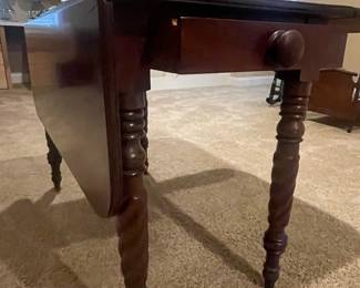 Victorian Walnut Drop-Leaf Side Table with Drawer and Barley Twist Legs