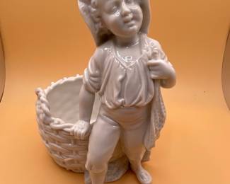Vintage Porcelain Figural Planter of a Boy with Basket - Possibly German Bisque