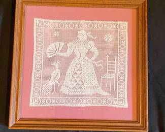 Vintage Framed Filet Lace Textile
