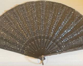 Antique Victorian Black Sequined Lace Mourning Fan