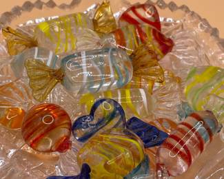 Vintage Glass Candy Dish with Murano Style Glass Candy Fillers