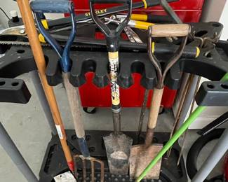 Assorted Garden Tool Collection with Rack