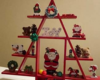 Vintage Wooden Christmas Tree Shelf with "JOY" Sign